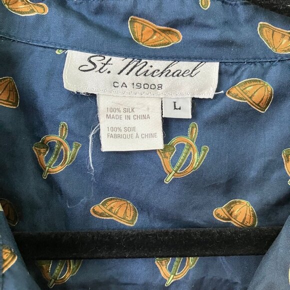 Vintage St. Michael Silk Shirt Mens L  Hunting Equestrian Novelty Print Navy Blu - Picture 2 of 14